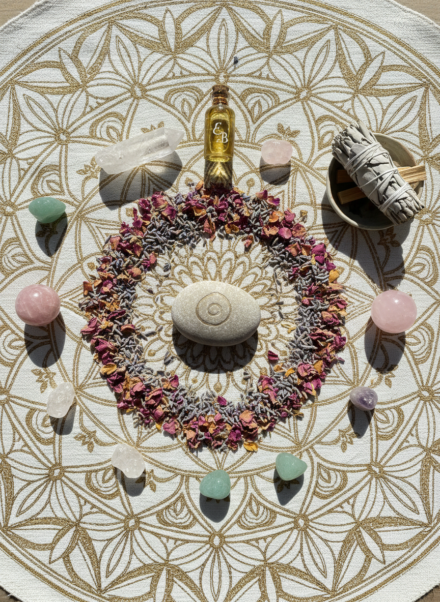 An overhead photographic view of a carefully arranged holistic healing altar, featuring an intricate mandala cloth in muted ivory and gold tones. At its center rests a small, smooth river stone carved with a subtle spiral symbol, surrounded by a precise circle of dried flower petals in soft rose, lavender, and pale yellow hues. Around the mandala, polished crystals, a tiny glass vial of herbal oil, and a delicately bound bundle of sage lie in harmonious balance. Natural midday light from above bathes the scene evenly, enhancing textures without harsh shadows. The mood is sacred, intentional, and quietly powerful. The composition is symmetrical yet organic, with sharp focus throughout to showcase each element’s detail, reflecting a sophisticated, ritualistic approach to energetic body activation.