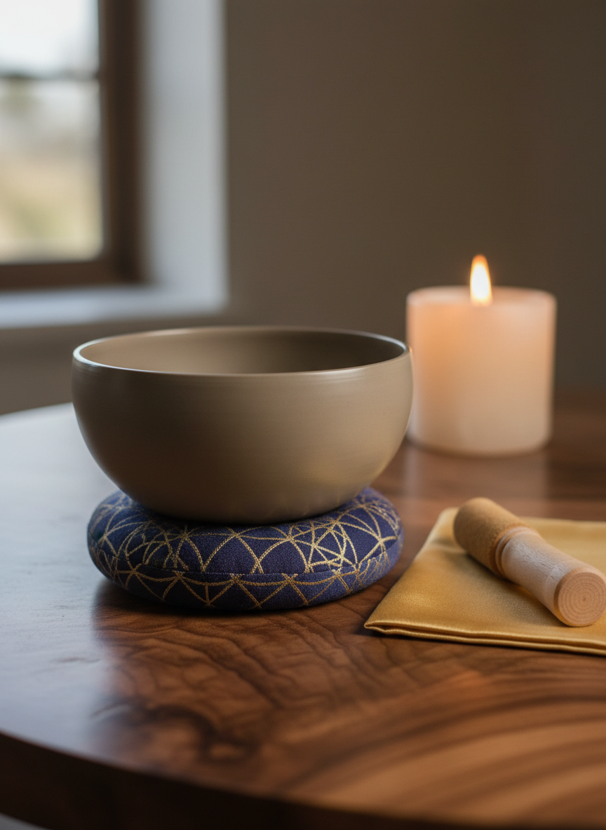 A close-up photographic scene of an elegant ceramic singing bowl in a matte, warm-gray glaze, resting on a circular cushion embroidered with subtle gold geometric patterns reminiscent of sacred geometry. The bowl is placed on a smooth, dark wooden surface with visible grain, beside a neatly folded silk cloth and a polished wooden mallet with a suede-wrapped tip. Soft, directional side lighting from an unseen window creates a gentle metallic sheen along the bowl’s rim and casts refined, elongated shadows. In the softly blurred background, a single lit candle in a translucent alabaster holder lends a warm, healing glow. The composition is intimate and balanced, shot at eye level with a shallow depth of field, evoking a sophisticated, contemplative atmosphere aligned with energy activation and sound healing.