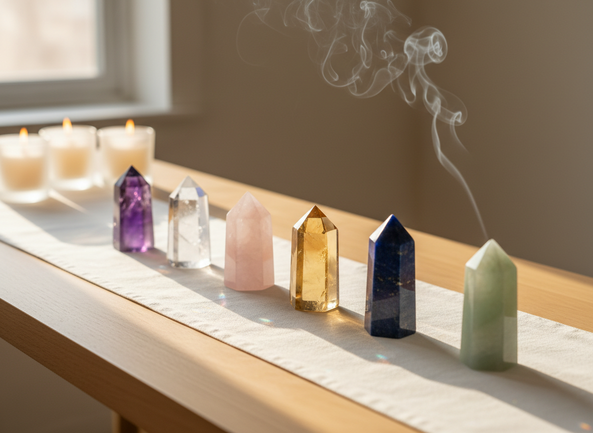 An elegant arrangement of seven translucent crystal points