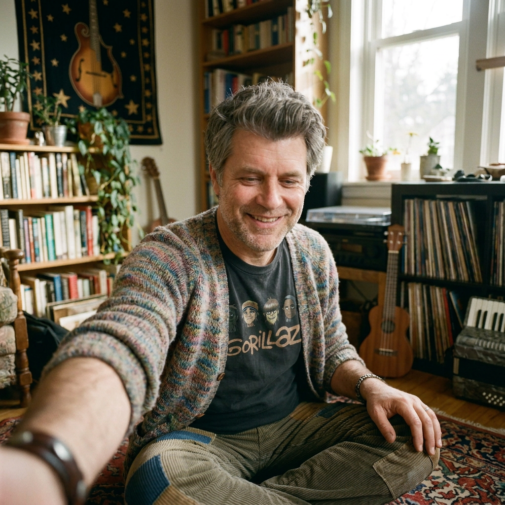 Man sitting cross-legged on a rug playing an acoustic guitar in a cozy room